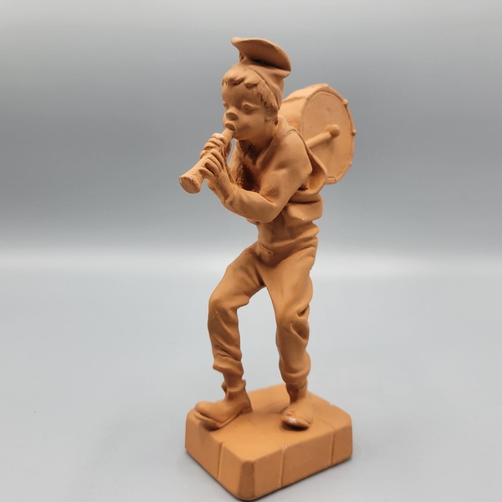 Vtg Terracotta Figure Italian Signed Boy Musician Figurine Drum & Flute Italy